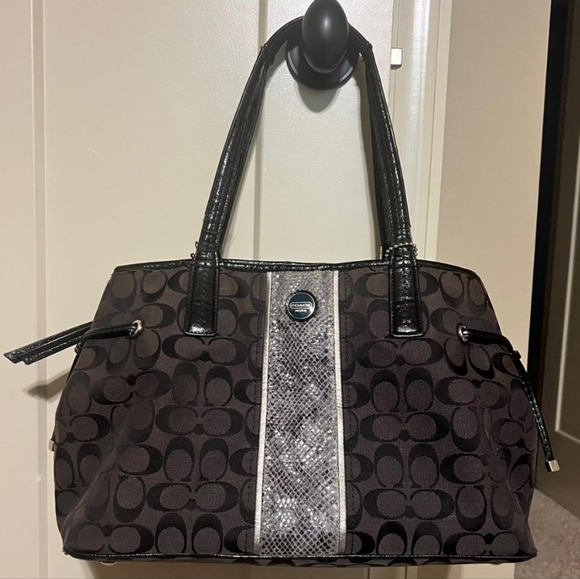 Coach Black and Gray Signature C Faux Snakeskin Striped Bag With Leather Trim - Picture 1 of 5